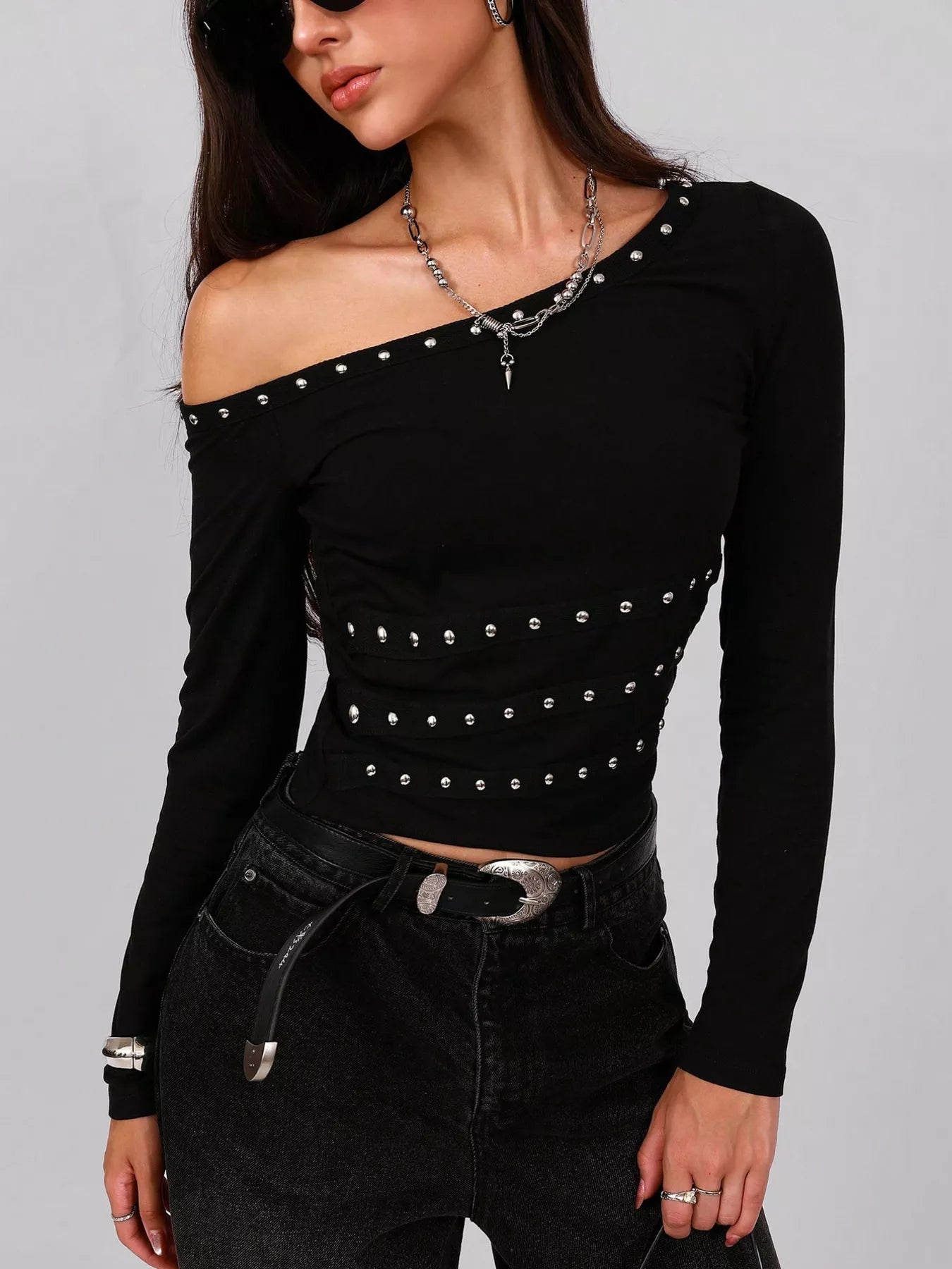 Black off-shoulder top with silver studs