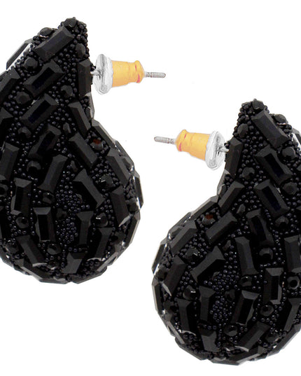 Women's Stud Earrings Small Chunky Black Baguette Rhinestone Embellished Teardrop Earrings for Women. 