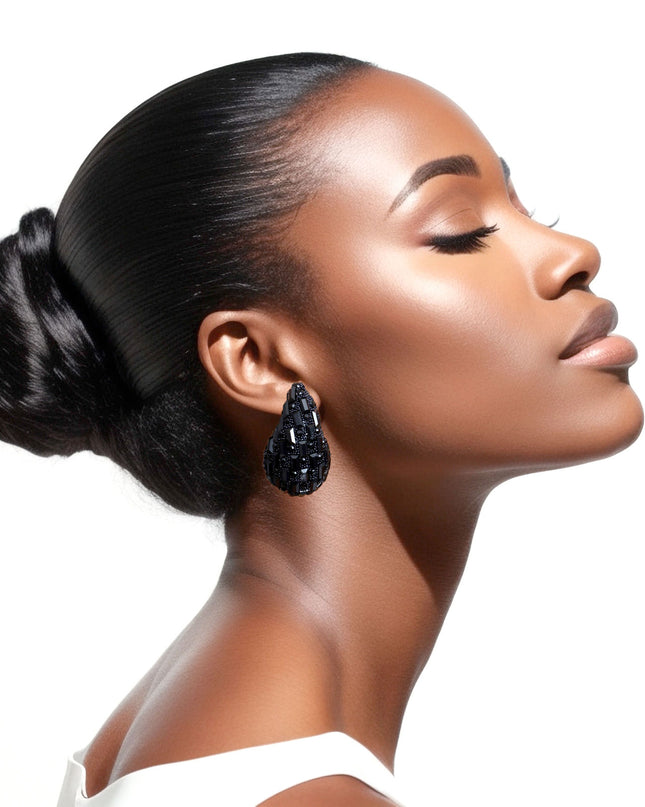 Women's Stud Earrings Small Chunky Black Baguette Rhinestone Embellished Teardrop Earrings for Women. 