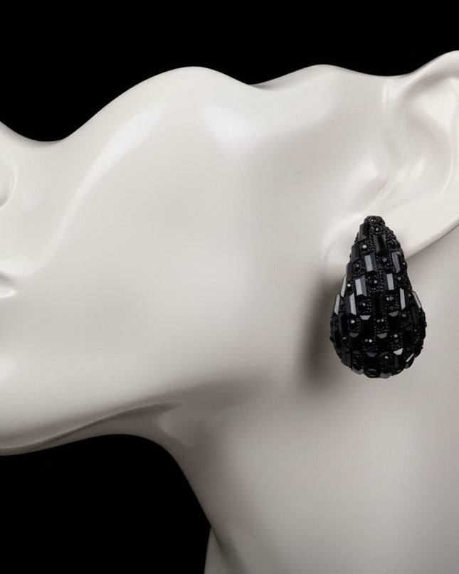 Women's Stud Earrings Small Chunky Black Baguette Rhinestone Embellished Teardrop Earrings for Women. 
