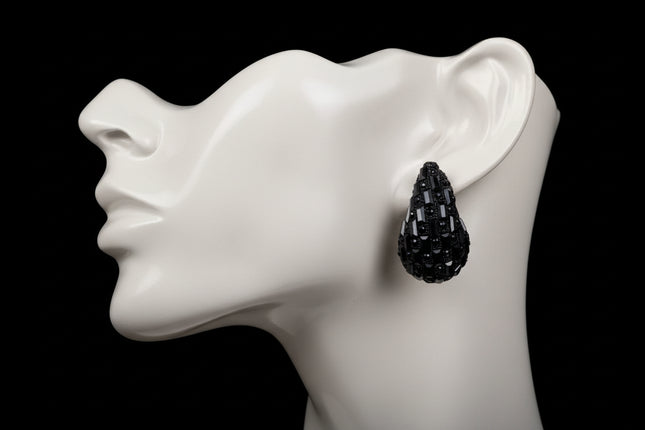 Women's Stud Earrings Small Chunky Black Baguette Rhinestone Embellished Teardrop Earrings for Women. 