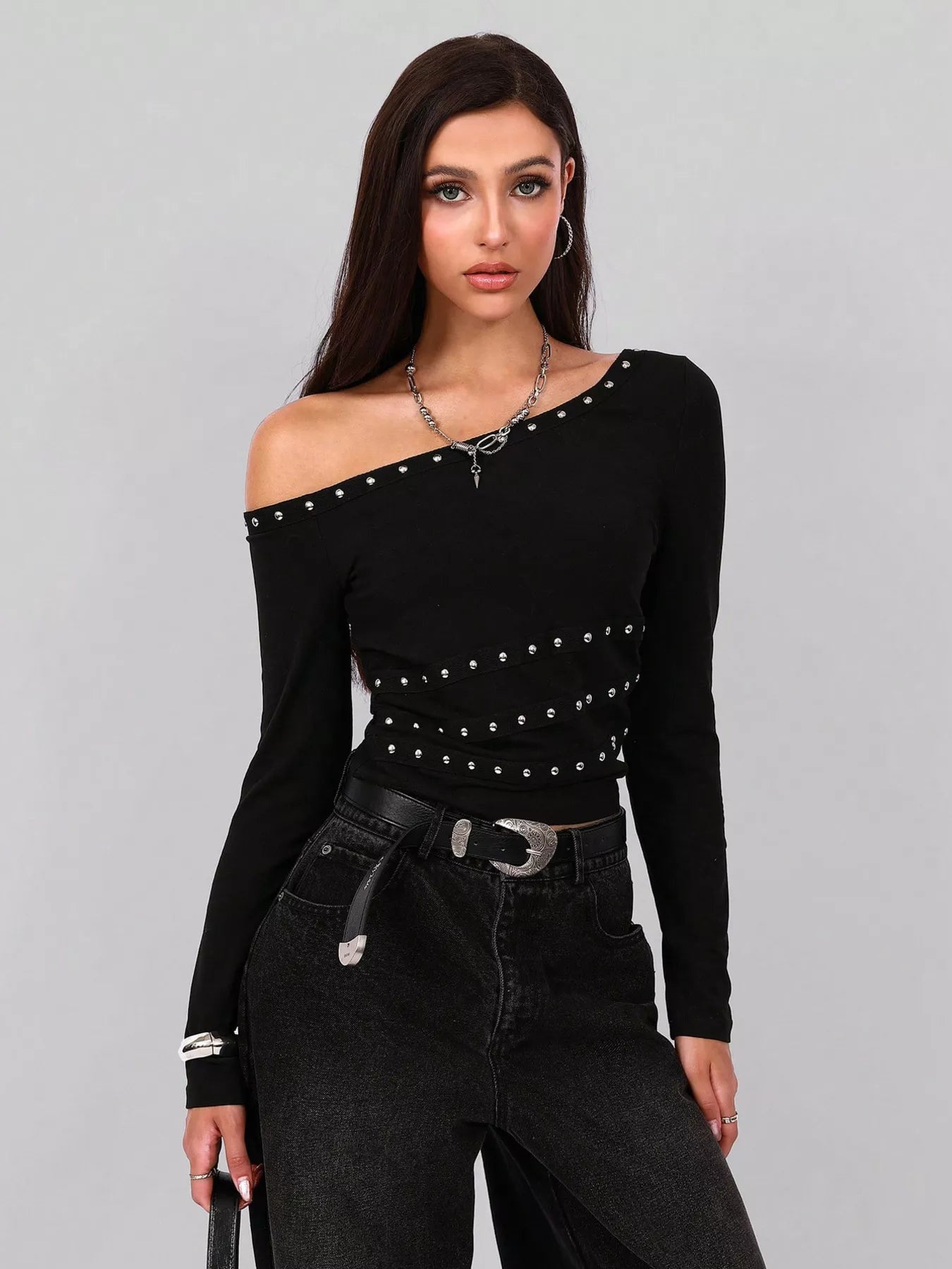 Black off-shoulder top with studded details 
