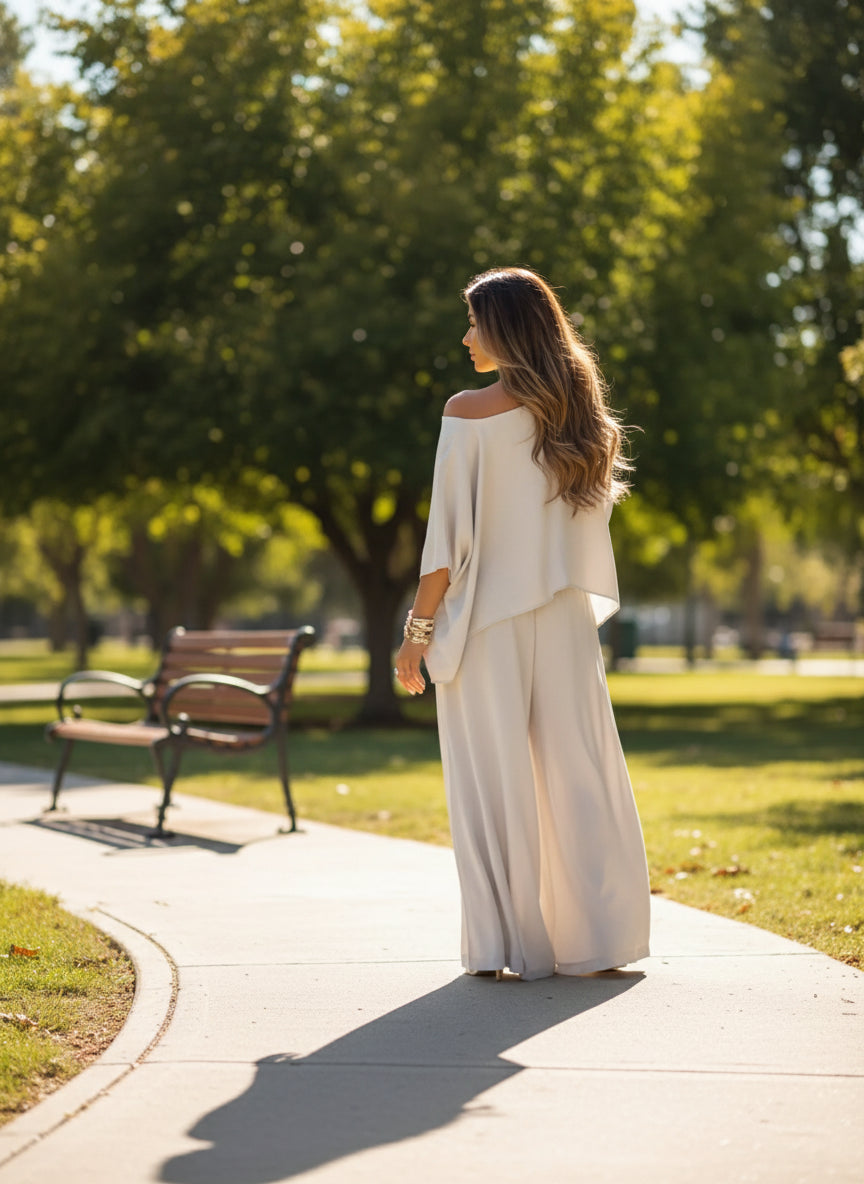 White boat neck top and wide leg pants