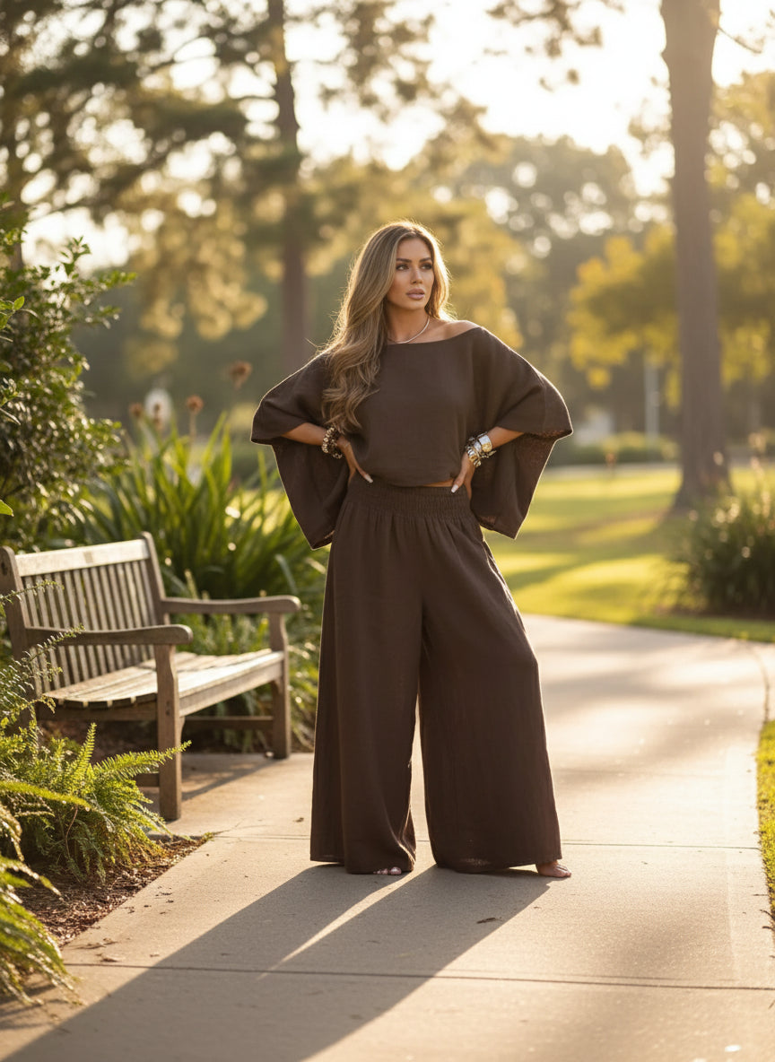 BROWN MATCHING TOP AND WIDE LEG PANTS