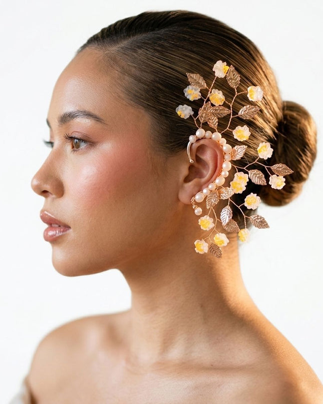Bridal Gold Orange Floral Left Ear Cuff Earring