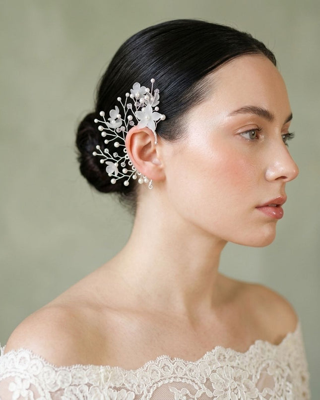 Bridal Silver Pearl Floral Left Ear Cuff Earring