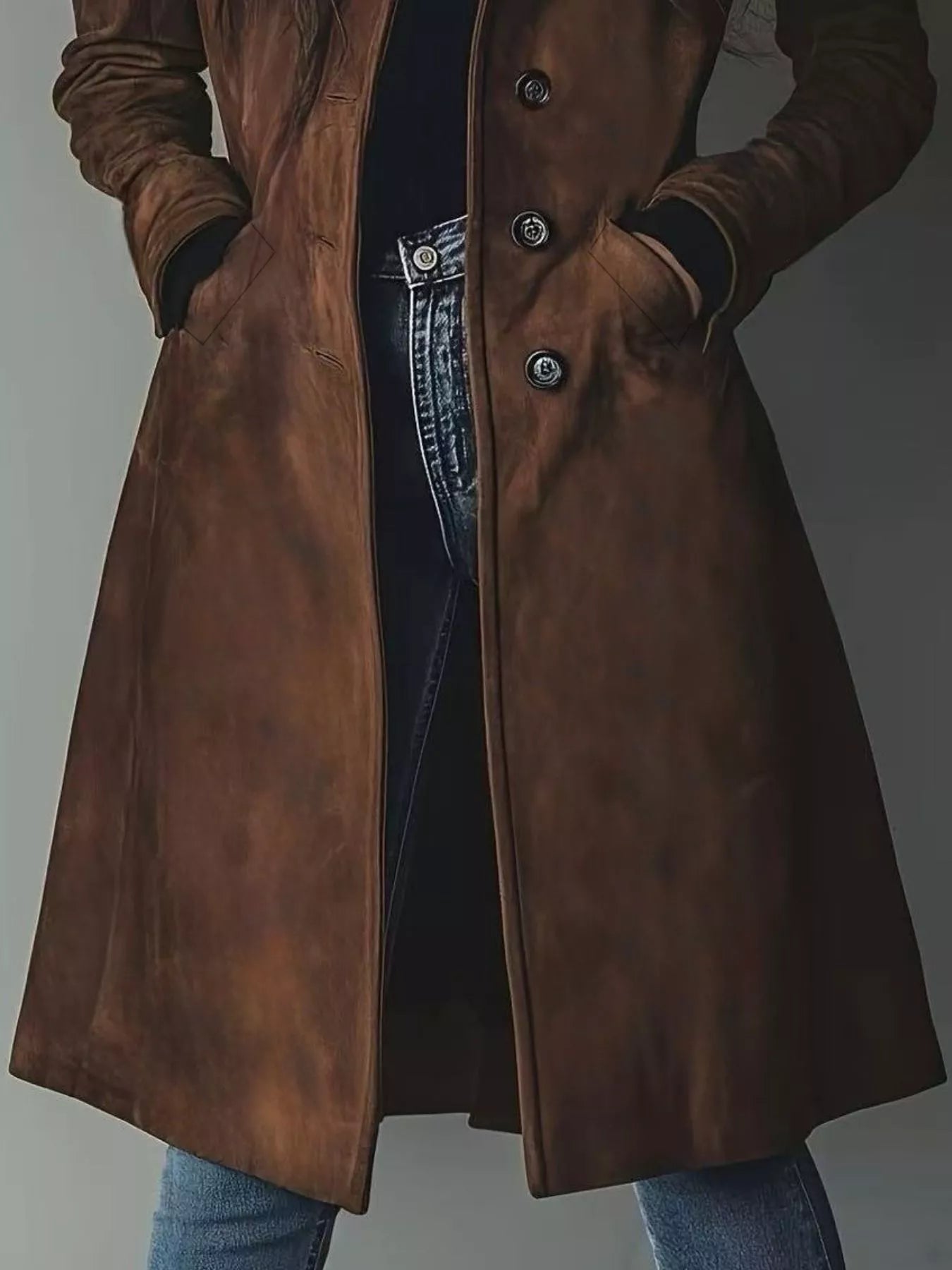 Close-up Look. Brown Button-Up Trench Coat