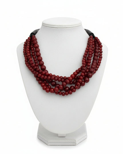 Layered Burgundy Ball Bead Multi-Strand Necklace Featuring Natural Buffalo Horn Hook Closure. Handcrafted. Fair Trade. Exclusive.