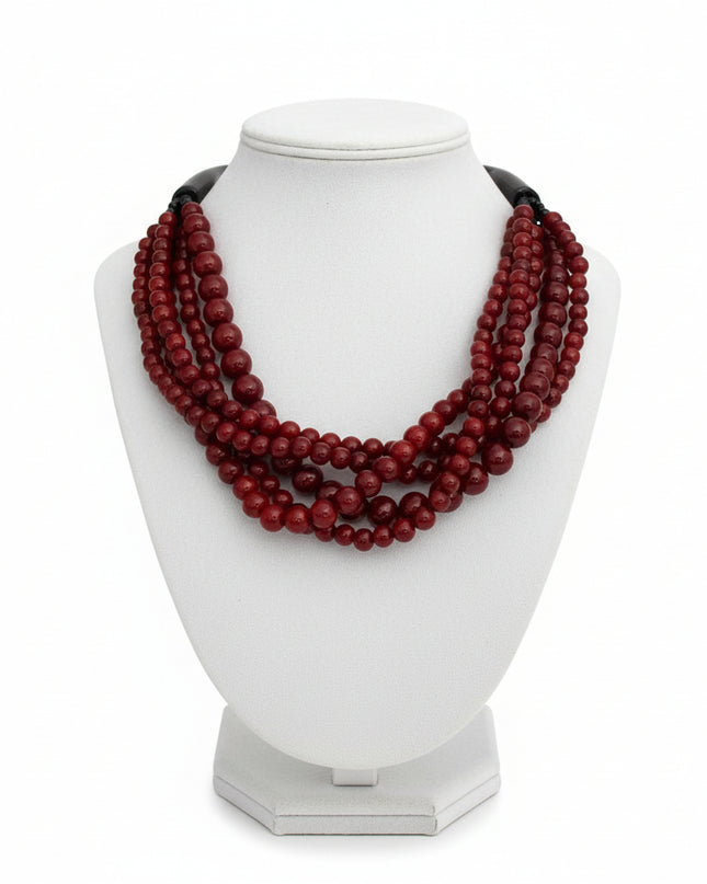 Layered Burgundy Ball Bead Multi-Strand Necklace Featuring Natural Buffalo Horn Hook Closure. Handcrafted. Fair Trade. Exclusive.