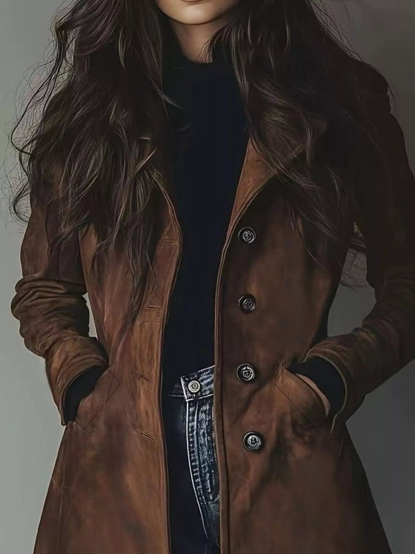 Brown Leather Button-Up Trench Coat