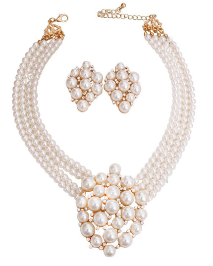 Gold and Cream Pearl 4 Line Choker Necklace Set Featuring Clustered Pearl and Rhinestone Pendant. Pendant measures 3 inches.