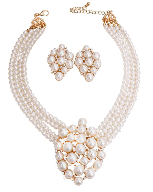 Gold and Cream Pearl 4 Line Choker Necklace Set Featuring Clustered Pearl and Rhinestone Pendant. Pendant measures 3 inches.