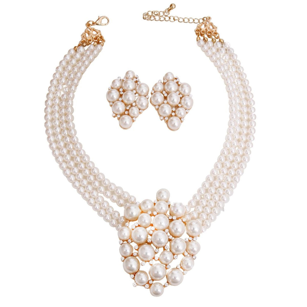 Gold and Cream Pearl 4 Line Choker Necklace Set Featuring Clustered Pearl and Rhinestone Pendant. Pendant measures 3 inches.
