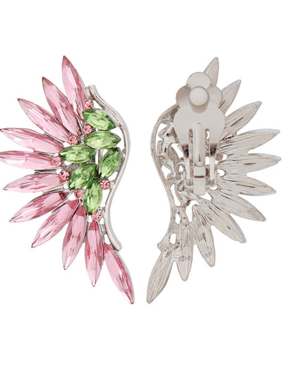 Women's Clip-On Earrings Silver Metal with AKA Sorority Pink and Green Crystal Rhinestones Wing Shaped Clip-Ons. Paddle Back Clip-Ons.