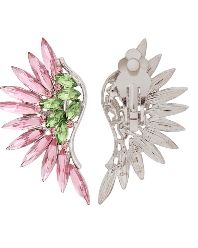 Women's Clip-On Earrings Silver Metal with AKA Sorority Pink and Green Crystal Rhinestones Wing Shaped Clip-Ons. Paddle Back Clip-Ons.
