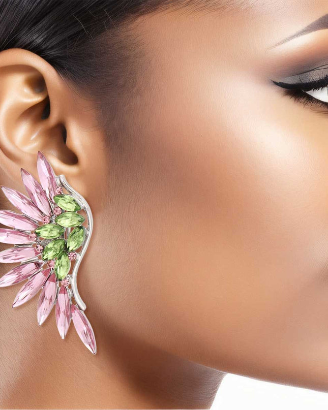 Women's Clip-On Earrings Silver Metal with AKA Sorority Pink and Green Crystal Rhinestones Wing Shaped Clip-Ons. Paddle Back Clip-Ons.