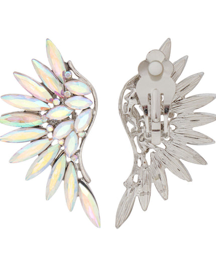 Women's Clip-On Earrings Silver Metal with Aurora Borealis Crystal Rhinestones Wing Shaped Clip-Ons. Paddle Back Clip-Ons.