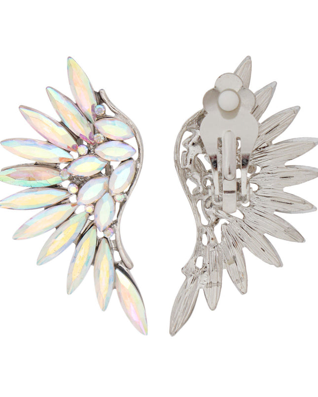 Women's Clip-On Earrings Silver Metal with Aurora Borealis Crystal Rhinestones Wing Shaped Clip-Ons. Paddle Back Clip-Ons.