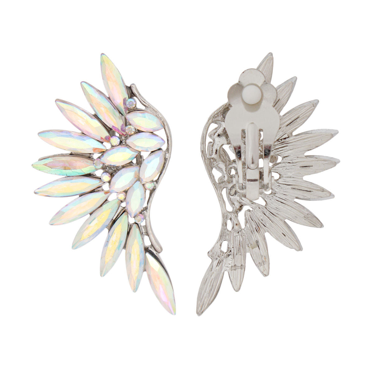 Women's Clip-On Earrings Silver Metal with Aurora Borealis Crystal Rhinestones Wing Shaped Clip-Ons. Paddle Back Clip-Ons.