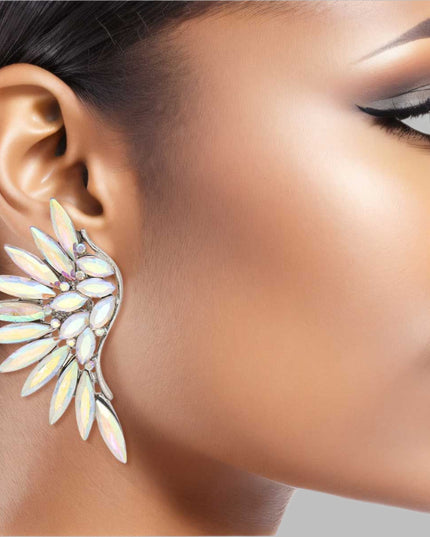 Women's Clip-On Earrings Silver Metal with Aurora Borealis Crystal Rhinestones Wing Shaped Clip-Ons. Paddle Back Clip-Ons.
