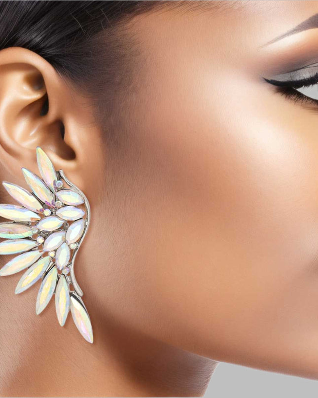 Women's Clip-On Earrings Silver Metal with Aurora Borealis Crystal Rhinestones Wing Shaped Clip-Ons. Paddle Back Clip-Ons.