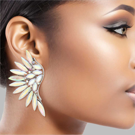 Women's Clip-On Earrings Silver Metal with Aurora Borealis Crystal Rhinestones Wing Shaped Clip-Ons. Paddle Back Clip-Ons.