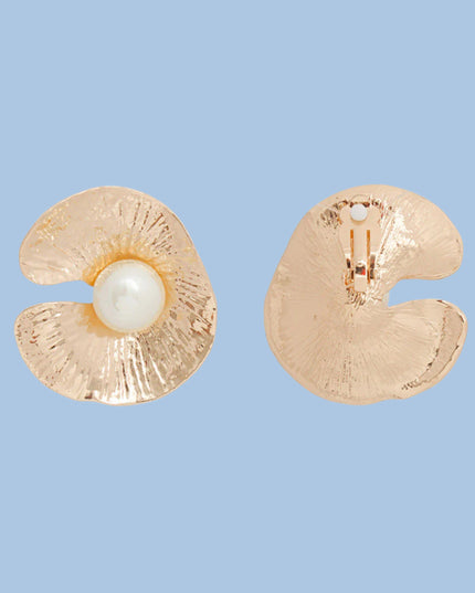 Women's Clip-On Earrings Textured Gold Metal Oyster Shaped Earrings with Cream Pearl Detail. Paddle Back Clip-Ons.