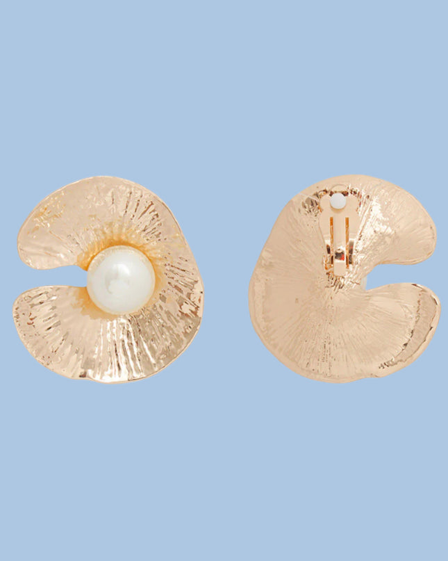 Women's Clip-On Earrings Textured Gold Metal Oyster Shaped Earrings with Cream Pearl Detail. Paddle Back Clip-Ons.