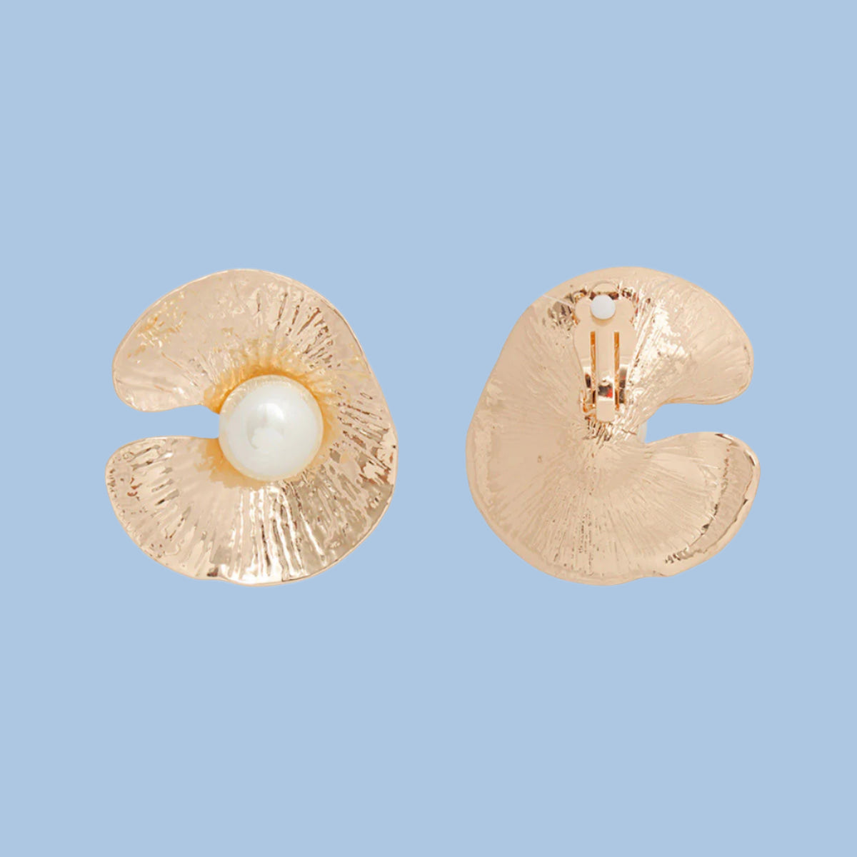 Women's Clip-On Earrings Textured Gold Metal Oyster Shaped Earrings with Cream Pearl Detail. Paddle Back Clip-Ons.