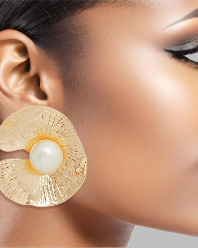 Women's Clip-On Earrings Textured Gold Metal Oyster Shaped Earrings with Cream Pearl Detail. Paddle Back Clip-Ons.