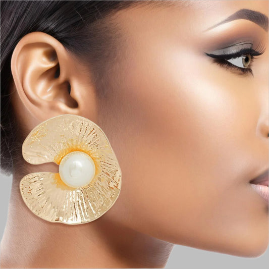 Women's Clip-On Earrings Textured Gold Metal Oyster Shaped Earrings with Cream Pearl Detail. Paddle Back Clip-Ons.