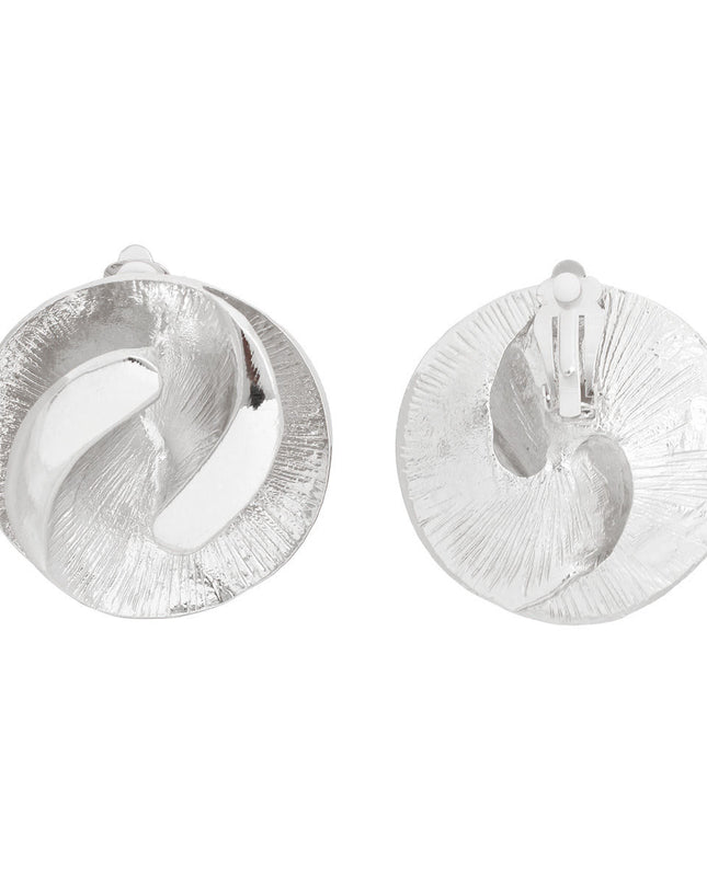 Women's Clip-On Earrings Medium Silver Metal 3D Yin-Yang Shell Like Round Shaped Clip-Ons. Paddle Back Clip-Ons.