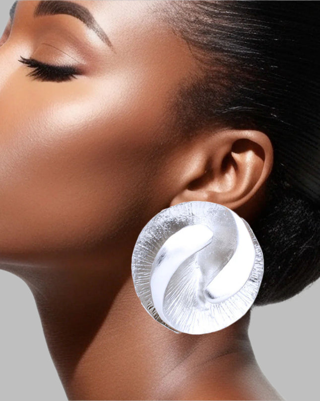 Women's Clip-On Earrings Medium Silver Metal 3D Yin-Yang Shell Like Round Shaped Clip-Ons. Paddle Back Clip-Ons.