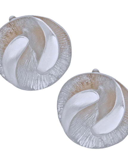 Women's Clip-On Earrings Medium Silver Metal 3D Yin-Yang Shell Like Round Shaped Clip-Ons. Paddle Back Clip-Ons.