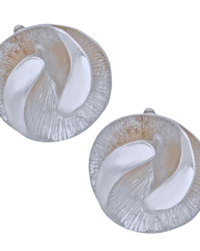 Women's Clip-On Earrings Medium Silver Metal 3D Yin-Yang Shell Like Round Shaped Clip-Ons. Paddle Back Clip-Ons.