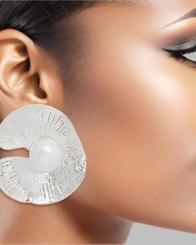 Women's Clip-On Earrings Textured Silver Metal Oyster Shaped Earrings with White Pearl Detail. Paddle Back Clip-Ons.