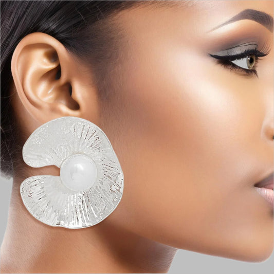 Women's Clip-On Earrings Textured Silver Metal Oyster Shaped Earrings with White Pearl Detail. Paddle Back Clip-Ons.