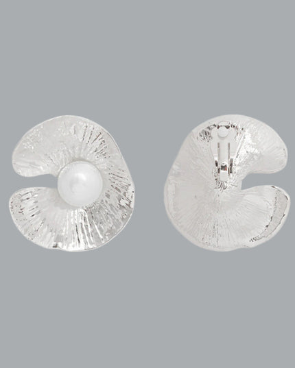 Women's Clip-On Earrings Textured Silver Metal Oyster Shaped Earrings with White Pearl Detail. Paddle Back Clip-Ons.