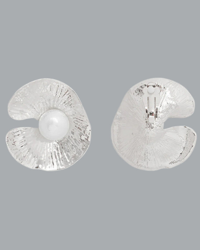 Women's Clip-On Earrings Textured Silver Metal Oyster Shaped Earrings with White Pearl Detail. Paddle Back Clip-Ons.