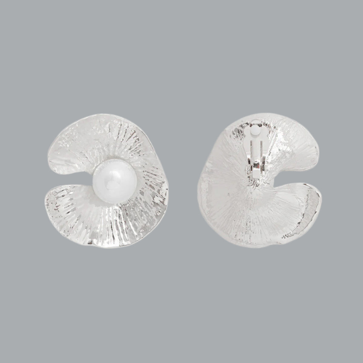 Women's Clip-On Earrings Textured Silver Metal Oyster Shaped Earrings with White Pearl Detail. Paddle Back Clip-Ons.