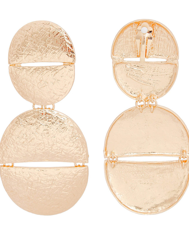 Women's Clip-On Earrings XLarge Gold Metal Scratched Texture Design Split Oval Shaped Clip-Ons. Earrings Featuring Hinged Split Oval Drop. Paddle Back Clip-Ons.