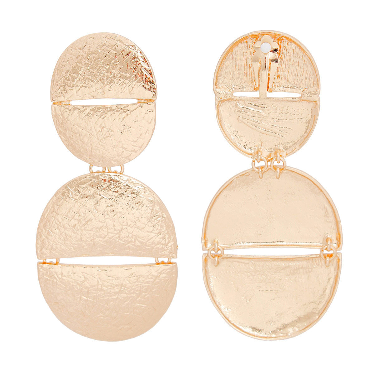 Women's Clip-On Earrings XLarge Gold Metal Scratched Texture Design Split Oval Shaped Clip-Ons. Earrings Featuring Hinged Split Oval Drop. Paddle Back Clip-Ons.