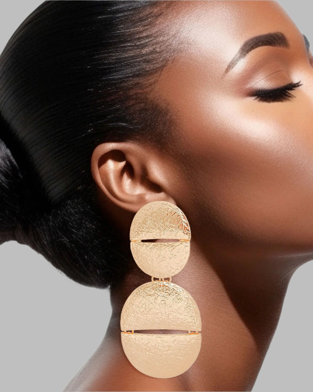 Women's Clip-On Earrings XLarge Gold Metal Scratched Texture Design Split Oval Shaped Clip-Ons. Earrings Featuring Hinged Split Oval Drop. Paddle Back Clip-Ons.