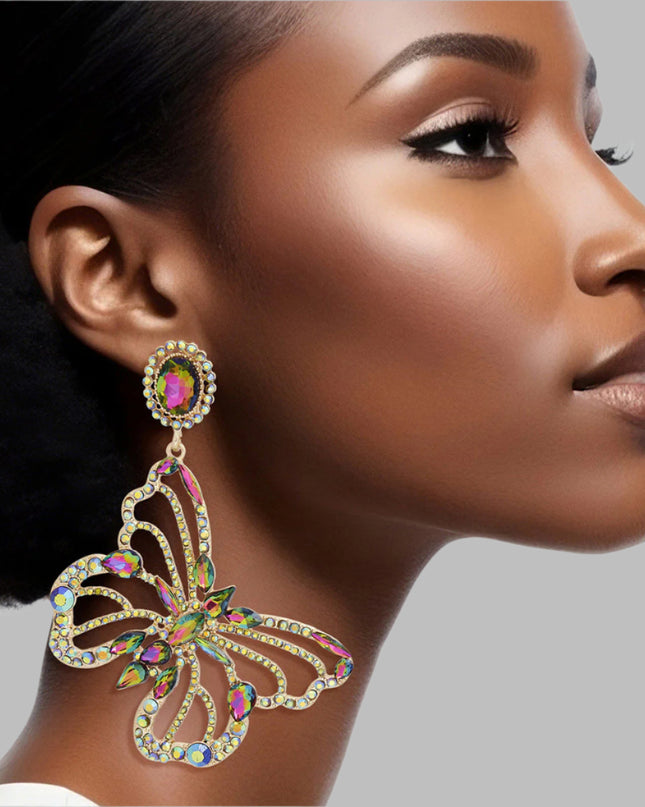 Women's Clip-On Earrings XLarge Gold Metal with Mixed Pink Green Crystals and Rhinestones Oval Clip-On Earrings Featuring Drop Cutout Butterfly Detail. Paddle Back Clip-Ons.