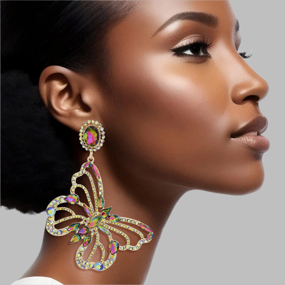 Women's Clip-On Earrings XLarge Gold Metal with Mixed Pink Green Crystals and Rhinestones Oval Clip-On Earrings Featuring Drop Cutout Butterfly Detail. Paddle Back Clip-Ons.
