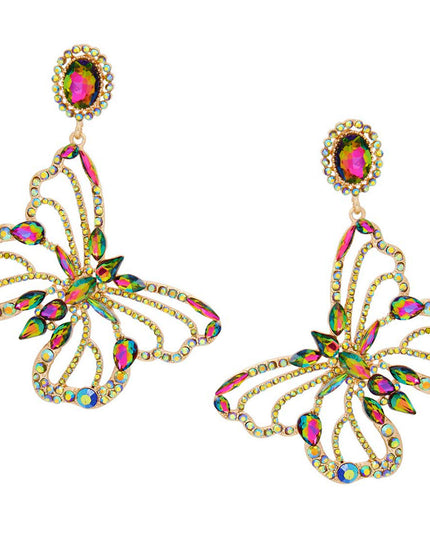 Women's Clip-On Earrings XLarge Gold Metal with Mixed Pink Green Crystals and Rhinestones Oval Clip-On Earrings Featuring Drop Cutout Butterfly Detail. Paddle Back Clip-Ons.