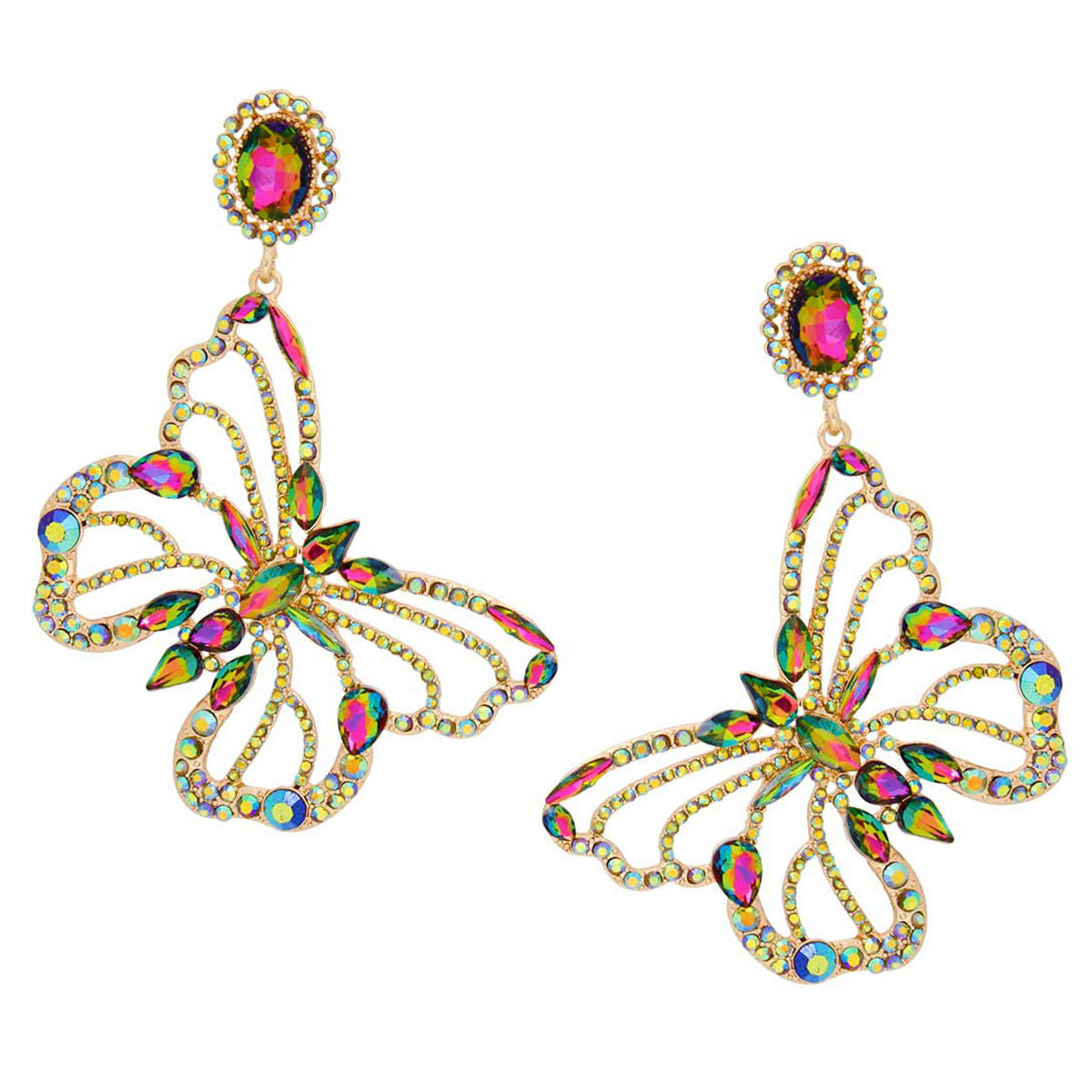 Women's Clip-On Earrings XLarge Gold Metal with Mixed Pink Green Crystals and Rhinestones Oval Clip-On Earrings Featuring Drop Cutout Butterfly Detail. Paddle Back Clip-Ons.