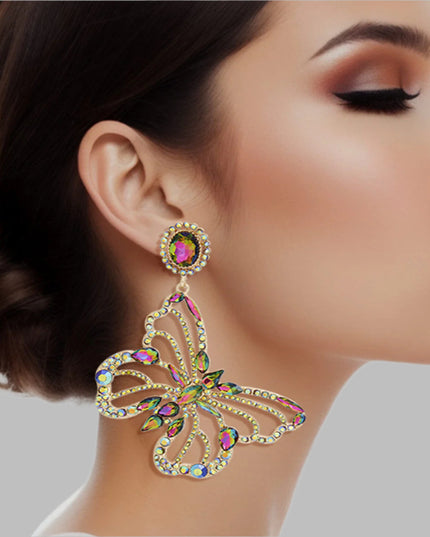 Women's Clip-On Earrings XLarge Gold Metal with Mixed Pink Green Crystals and Rhinestones Oval Clip-On Earrings Featuring Drop Cutout Butterfly Detail. Paddle Back Clip-Ons.