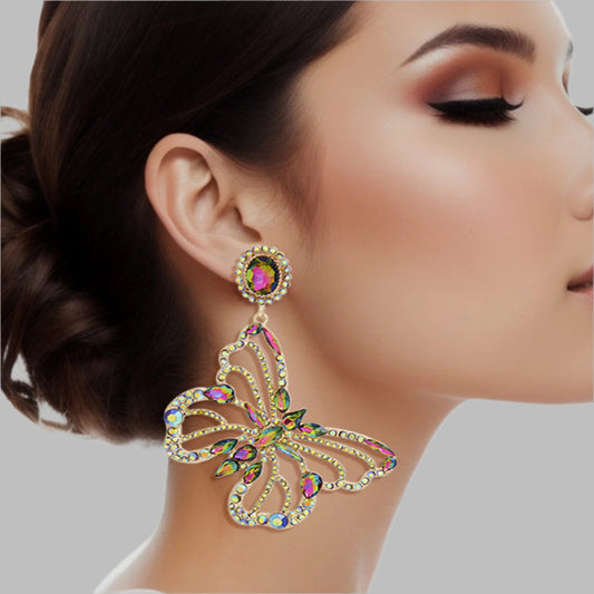 Women's Clip-On Earrings XLarge Gold Metal with Mixed Pink Green Crystals and Rhinestones Oval Clip-On Earrings Featuring Drop Cutout Butterfly Detail. Paddle Back Clip-Ons.