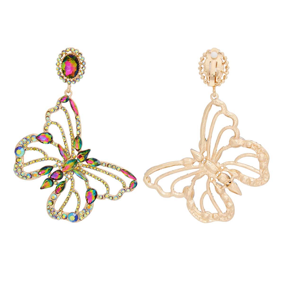 Women's Clip-On Earrings XLarge Gold Metal with Mixed Pink Green Crystals and Rhinestones Oval Clip-On Earrings Featuring Drop Cutout Butterfly Detail. Paddle Back Clip-Ons.